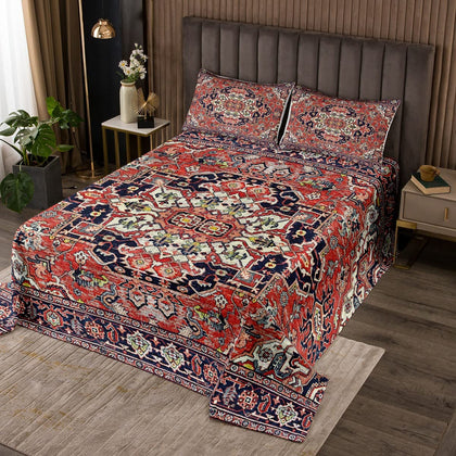 Geometric Boho Quilt King Bohemian Exotic Bedspread Red Blue Lattice Tribal Persian Coverlet Retro Indian Floral Bedroom Decor Vintage Flower Quilted for Women Adults Men