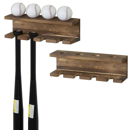 MyGift Solid Burnt Wood Baseball Bat Holder and Ball Display Shelf, Wall Mounted Sports Memorabilia and Collectibles Floating Shelf, Set of 2