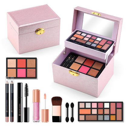 Color Nymph Makeup Kit For Teens Girls With Recyclable And Key-Lockable Cabinet Included 17-Colors Eyeshadows Blushes Bronzer Highlighter Lipstick Brushes Mirror(Pink)