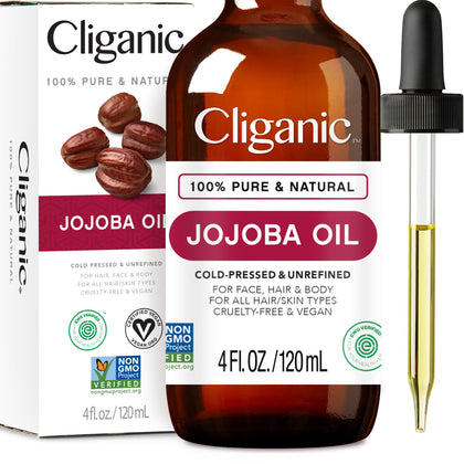 Cliganic Non-GMO Jojoba Oil for Skin, Hair & Face (4oz) | 100% Pure, Natural Cold Pressed Unrefined Hexane Free