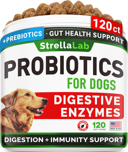 STRELLALAB Pet Probiotics for Dogs & Digestive Enzymes + Digestion & Gut Health Treats, Dog Probiotics Chews, Fiber Supplement, Anti Diarrhea, Constipation, Upset Stomach&Gas Relief, Canine Prebiotic