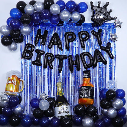 Blue and Black Happy Birthday Decorations for Men,Birthday Decorations with Banner, Fringe Curtains, Beer Crown Foil Balloons, Balloon Kits for 21st,25th 27th 30th 35th 40 50 60th Birthday Decorations