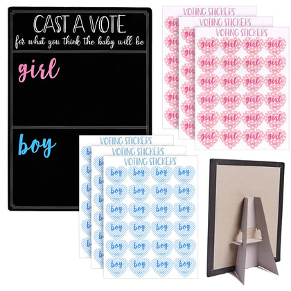 Gender Reveal Decorations for Baby Shower Games with 144 Girl or Boy Voting Stickers and Cast Your Vote Sign with Stand (Chalkboard Design, 12 x 17 in)