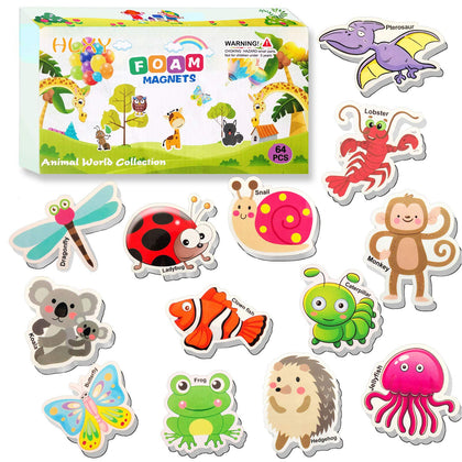 Refrigerator Magnets for Kids 64 PCS Animals Magnets Toys -Dinosaurs Insect Ocean Sea Animal Magnets - Foam Animal -Fridge Magnets for Toddlers Educational Toy for Preschool Learning