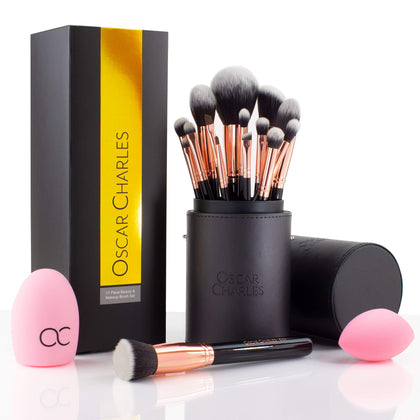 Oscar Charles Professional Makeup Brushes Set, 15 make up brushes with Beauty Blender, Brush Cleaner & Makeup Brush Holder - Rose Gold