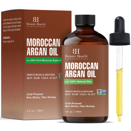 Botanic Hearth Moroccan Argan Oil for Hair & Skin | Argan Oil for Curly Frizzy Hair | Promotes Growth and Repairs Dry, Damaged Hair | Non GMO Verified | 4 fl oz