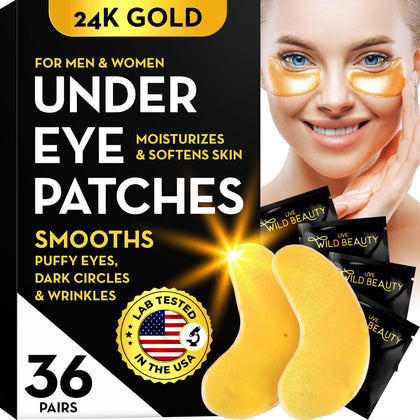 Under Eye Patches for Puffy Eyes and Dark Circle (36 Pairs) with Pure Collagen and 24K Gold - Gold Eye Gel Pads for Reducing Eye Bags, Wrinkles and Fine Lines - Under Eye Mask for Puffiness and Bags