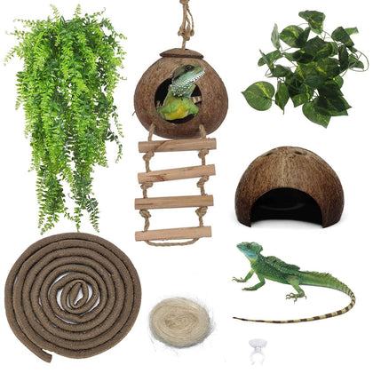 kathson Leopard Gecko Tank Accessories Reptile Habitat Decor Reptiles Hanging Plants Artificial Bendable Climbing Vines and Hidden Coconut Shell Hole for Chameleon, Lizards, Gecko, Snakes