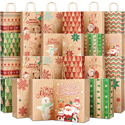 Gift Bags Medium Size with Handles - Holiday Decorations, Gift Bags Assortment with 12 Designs for Presents, Shopping and Parties - Bags Kraft Paper 24 Pack