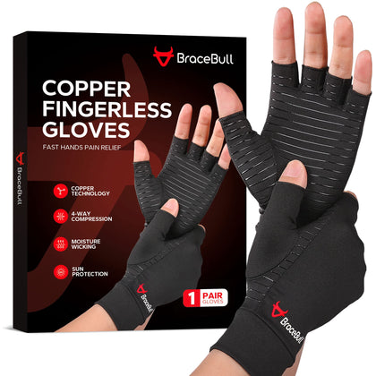 BraceBull Arthritis Gloves (2 Count), Copper Infused Fingerless Compression Gloves for Hand Pain, Carpal Tunnel, RSI, Rheumatoid, Tendonitis, and Relieve Muscle Pain for Women & Men (M, Black)