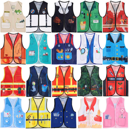 20 PCS Kids Community Helper Dress Up Vest Career Costumes Role Play Career Cosplay Clothes Pretend and Play Costume for Kids Dress up Doctor Police Fireman Car Racer Cowboy Farmers Worker Pirate