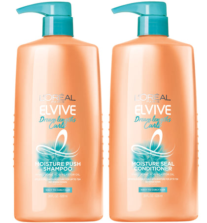 L'Oreal Paris Elvive Dream Lengths Curls Shampoo and Conditioner 2PK, Paraben-Free with Hyaluronic Acid and Castor Oil. Best for wavy hair to curly hair, 1 kit