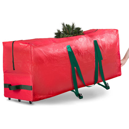 Zober Christmas Tree Storage Bag 9 Ft - Rolling Christmas Tree Storage Box - Plastic, Durable Handles and Wheels - Large Christmas Tree Bag - Red