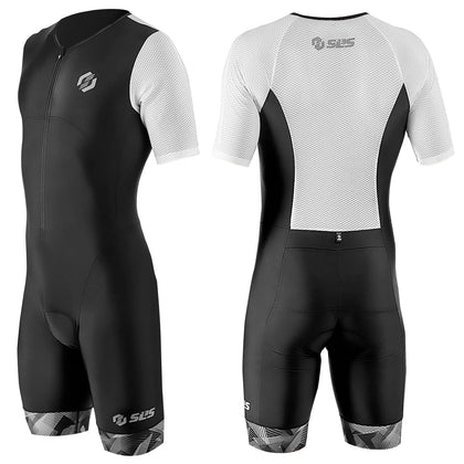 SLS3 Triathlon Suits Mens - Aero Full Sleeve Tri Suit Men Triathlon - Premium FX Trisuit Triathlon Men - Lightweight Mens Triathlon Suit, 2 Pockets (Black/White Geo, XL)
