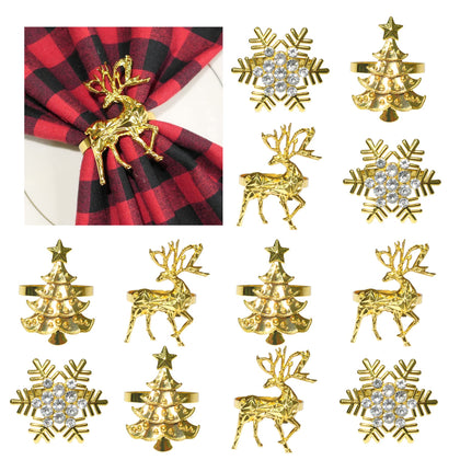 HADDIY Christmas Napkin Rings Set of 12,Sparkly Gold Deer Snowflake Xmax Tree Napkin Holder for Winter Holiday Dinner Table Setting Decorations