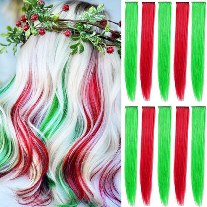 LADYAMZ Christmas Colored Hair Extensions 10 PCS, Colorful Party Highlights Clip in Synthetic Hairpieces, Red and Green Hair Extensions Accessories for Girls Women Xmas Party New Year Gift 22 Inch