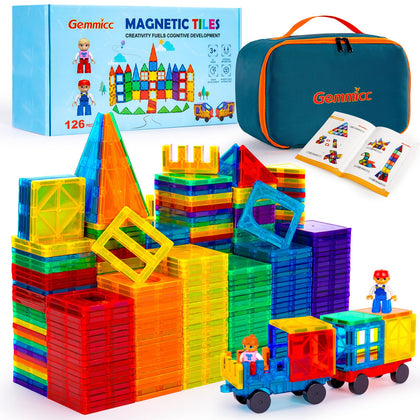 Gemmicc Magnetic Tiles, 126 PCS + Storage Case + 2 Figures, STEM Building Blocks Magnet Toys for Kids,Educational Building Toy Stacking Blocks for Boys Girls,Huge Set with 2 Cars