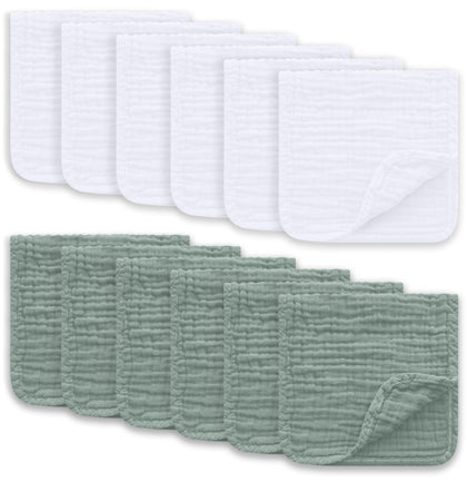 Ease Cubs Muslin Burp Cloths Large 100% Cotton Hand Washcloths for Boys & Girls, Baby Essentials Extra Absorbent and Soft Burping Rags for Newborn Registry (White & Green, 12-Pack, 20