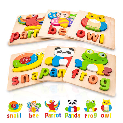 Wooden Puzzles Toddler Toys for Kids 1 2 3 Years Old Boys Girls Toddler Puzzles Montessori Toys Eco Friendly Child Gifts with Animal Shape Alphabet Spelling Puzzles Preschool Learning Toys(6 Pack)