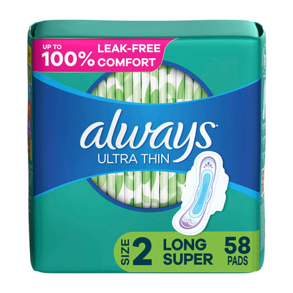 Always Ultra Thin Feminine Pads For Women, Size 2 Long Super Absorbency, With Wings, Unscented, 58 Count(Pack of 1)
