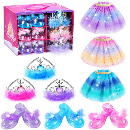 Princess Dress Up Toys - Dress Up Clothes for Little Girls, Princess Costume Set with 3 Pairs of Princess Shoes, 3 Skirts, 3 Tiaras - Girls Role Play Set Gift for 3 4 5 6 Years old Girl Toddler Kids