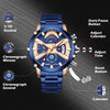 MEGALITH Men's Watch 45mm Stainless Steel Chronograph Waterproof Fashion Blue Watch Analog Quartz Date Heavy Duty Watches for Men Metal Luminous Multifunctional Cool Designer Gents Wrist Watches