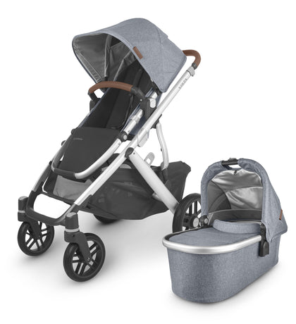 UPPAbaby Vista V2 Stroller/Convertible Single-to-Double System/Bassinet, Toddler Seat, Bug Shield, Rain Shield, and Storage Bag Included/Gregory (Blue Mélange/Silver Frame/Saddle Leather)