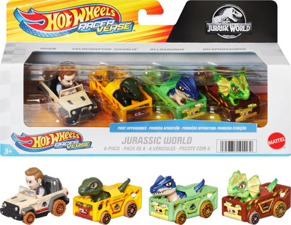 Hot Wheels Toy Cars, RacerVerse 4-Pack of Die-Cast Vehicles Featuring Jurassic World Characters Charlie, Owen, Dilophosaurus & Allosaurus as Drivers