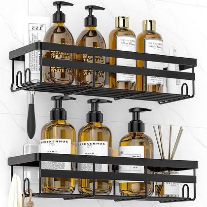 WOWBOX Shower Caddy Shelf Organizer, 2 Pack Adhesive Black Bathroom Accessories, Save Space with Hooks, Toiletries Organization And Storage Stainless No Drilling Shower Shelves