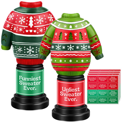 TWOWYHI 2PCS Christmas Sweater Trophy for Ugly Sweater Party Christmas Resin Trophies with Stickers 6.5Inch Funny Christmas Trophy Award for Ugly Sweater Party Christmas Party Contest Game Prizes