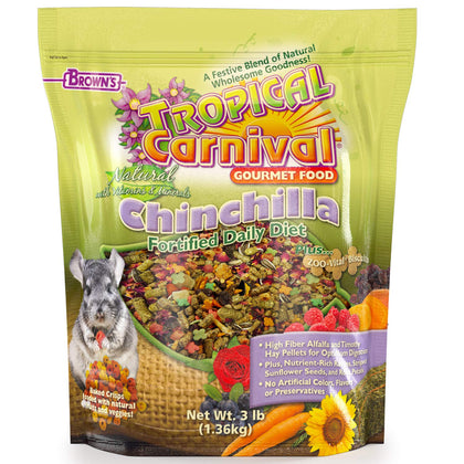 F.M. Brown's Tropical Carnival Natural Chinchilla Food, 3-lb Bag - Vitamin-Nutrient Fortified Daily Diet with High Fiber Alfalfa and Timothy Hay Pellets for Optimum Digestion