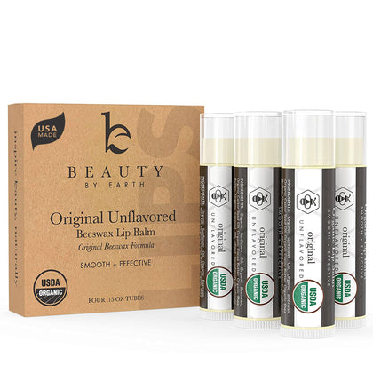 Organic Lip Balm - 4 Pack Unflavored Organic Gifts for Women, All Natural Lip Balm Valentine's Day Gift for Her & Him, Lip Balm Hydrating Beauty Gifts, Lip Moisturizer, Mens Gift Ideas