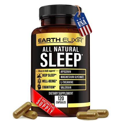 Earth Elixir 4-in-1 Sleep Aid (120 Caps) w/Apigenin 50mg, Magnesium Glycinate 400mg, L Theanine 250mg & Valerian Root Sleep Aid 300mg | Andrew Huberman Sleep Cocktail | Apigenin Supplement for Sleep