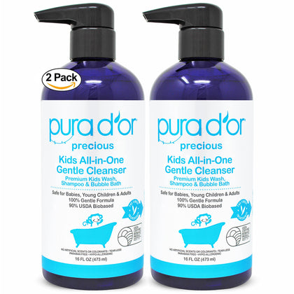 PURA D'OR Kids Wash (16oz x 2 = 32oz) All-in-One Gentle Cleanser - USDA Biobased, Sulfate-Free, Tear-Less, Hypoallergenic, Premium, Shampoo & Bubble Bath