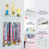 White Medal Hanger Display with Shelf - Easy Install Metal Award Rack Trophy Shelf for Walls Holds 64+ Sports Medals- Our Never Give Up Wall Medal Holder Includes 10 Inspirational Stickers
