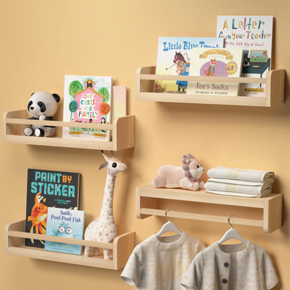 Boswillon Dual-Guard Nursery Book Shelves Set of 4, Floating Shelves for Nursery Room Wall Decor, Wall Mount Kids Bookshelf for Baby Bedroom Storage, Toddler Toy Hanging Wall Organizer - Natural Wood