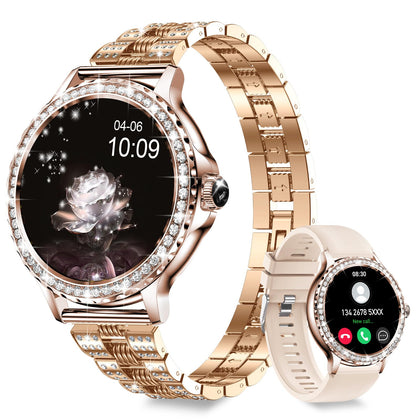 Smart Watches for Women (Answer/Make Call) with Diamonds, 1.3 HD Touch Screen Bluetooth Smartwatch for Android iOS Phones, Fitness Activity Trackers with Heart Rate/SpO2/BP/Sleep Monitor (Gold)