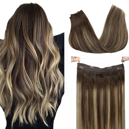 GOO GOO Wire Hair Extensions Human Hair Balayage Chocolate Brown to Honey Blonde 75g 14 Inch Hairpiece Natural Real Hair Extensions Wire Hair Extensions with Invisible Line Straight Hair