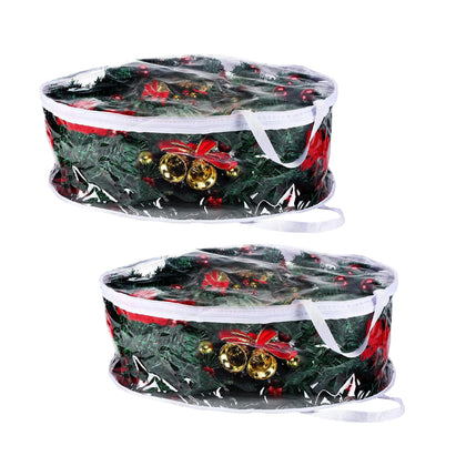 Pftjujudan 2PCS Christmas Wreath Storage Container,30In Dual Zippers Wreath Storage Bag,Clear Plastic Garland Container with Reinforced Handles,Extra Large Holiday Wreaths Container(2PCS, 30Inch)
