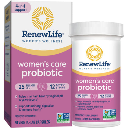 Renew Life Womens Probiotic, Womens Care Probiotic, 4-in-1 Support, 25 Billion CFU/Capsule Guaranteed, 12 Strains, Shelf-Stable, 30 Capsules, Value Pack 65% More
