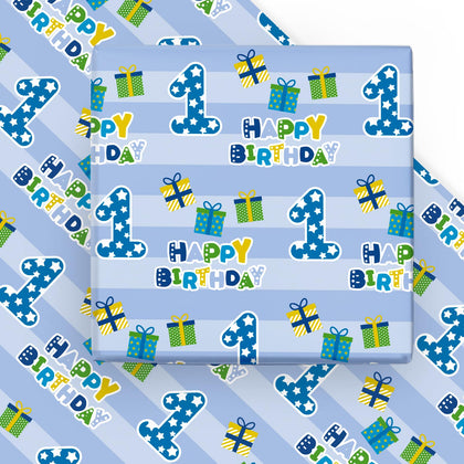 WRAPAHOLIC 1st Birthday Wrapping Paper Sheet - 6 Sheets Blue Happy Birthday with Gift Box Design Folded Flat for Birthday, Party, Baby Showers - 19.7 Inch X 27.5 Inch Per Sheet