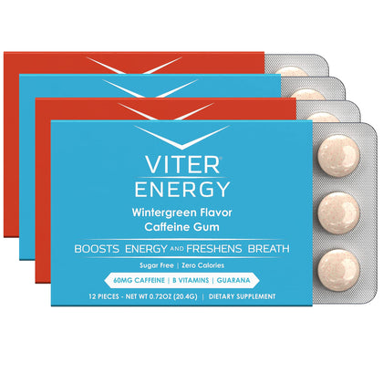 Viter Energy Caffeinated Gum 60mg Caffeine, B Vitamins, Guarana, Sugar Free. (Variety, 12pcs, 4 Pack)