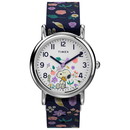 Timex Womens Watch Peanuts Weekender Casual Ladies Wristwatch - Featuring Snoopy and Woodstock in a Floral Motif, Silver-Tone Case with Blue Fabric Strap (31mm)