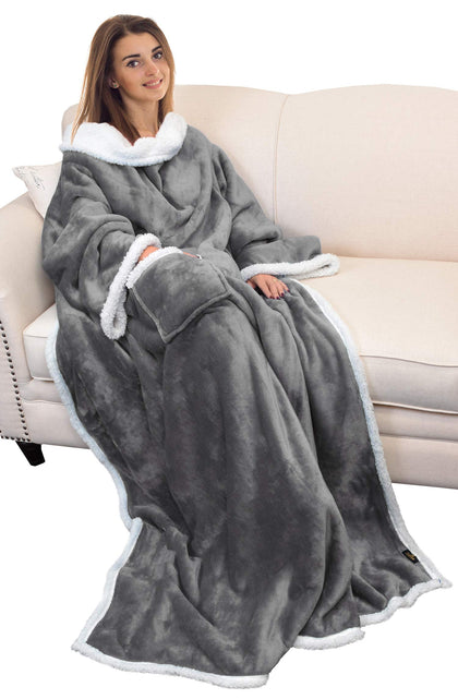Catalonia Sherpa Wearable Blanket with Sleeves Arms, Comfy Sleeved TV Wrap Blanket, Large Snuggly Throw for Women and Men, Gift for Her