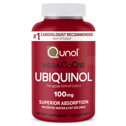 Qunol Ubiquinol CoQ10 100mg Softgels, Qunol Mega Ubiquinol 100mg - Superior Absorption - Active Form of Coenzyme Q10 for Heart Health - 100 Count