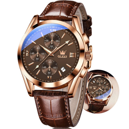 OLEVS Mens Leather Watches Casual Brown Face Leather Band Watches for Men Big Face Analog Chronograph Watch Men with Date Fashion Dress Waterproof Sport Business Men's Wrist Watch relojes para hombres
