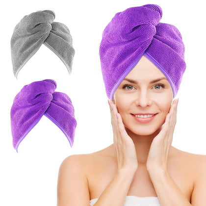 NEXCOVER Microfiber Hair Towel, 2 Pack (Grey+Purple) 9.8 inch X 25.5 inch Hair Turbans,Ultra Absorbent,Fast Drying Towel Wraps,Head Towels for Women Wet Hair,Long,Curly,Thick,Frizzy Hair