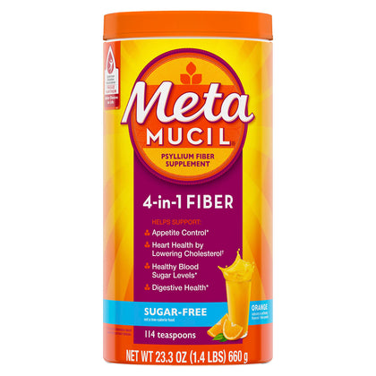 Metamucil, Daily Psyllium Husk Powder Supplement, Sugar-Free Powder, 4-in-1 Fiber for Digestive Health, Orange Flavored Drink, 114 teaspoons, 1.4 Pound (Pack of 1)