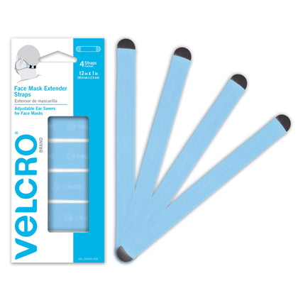 VELCRO Brand Face Mask Extender Straps 4pk Light Blue, 12 x 1 Comfortable and Adjustable Ear Savers, VEL-30692-USA