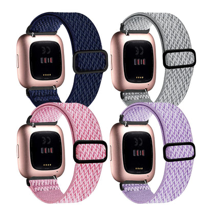 4 Pack Stretchy Bands Compatible with Fitbit Versa/Versa Lite/Versa 2 Bands Women Men, Adjustable Elastic Loop Nylon Breathable Replacement Straps